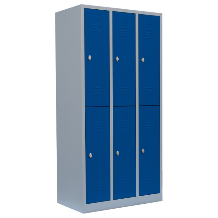 Stahl-Kleiderschrank/Spind, doppelstöckig, - Abteilbreite 40 cm, 3 Abteile/6 Fächer in enzianblau