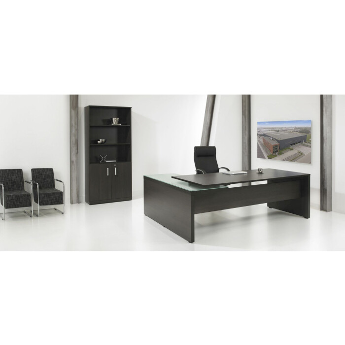 Winkel-Schreibtisch Direct mit integriertem Standcontainer in Dunkle Eiche - mit Anbau/Milchglasplatte links