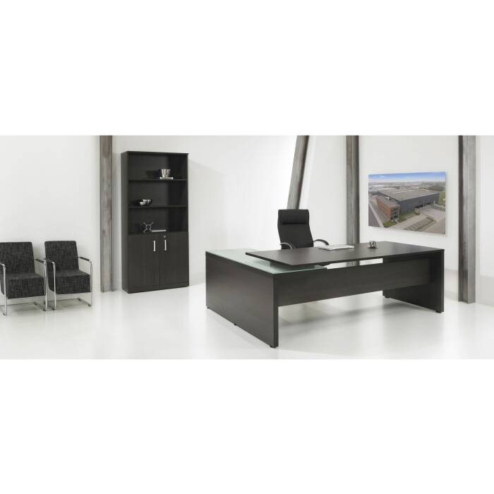 Winkel-Schreibtisch Direct mit integriertem Standcontainer in Dunkle Eiche - mit Anbau/Milchglasplatte rechts