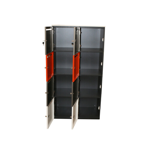 Verteilerschrank / Fächerschrank in bronze, rot, weiß, 8 Fächer
