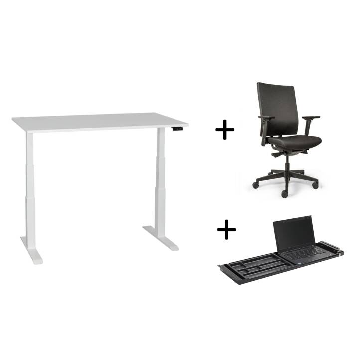 MIETMBEL - 3-teiliger Arbeitsplatz professional mit Steh-Sitz-Schreibtisch, Premium-Brodrehstuhl und Untertischschublade