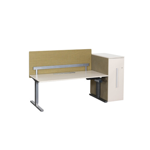 2-tlg. Arbeitsplatz: Steh-Sitz-Schreibtisch 180 x 80 cm mit Trennwand, CPU-Halter, Materialfach und Apothekerschrank