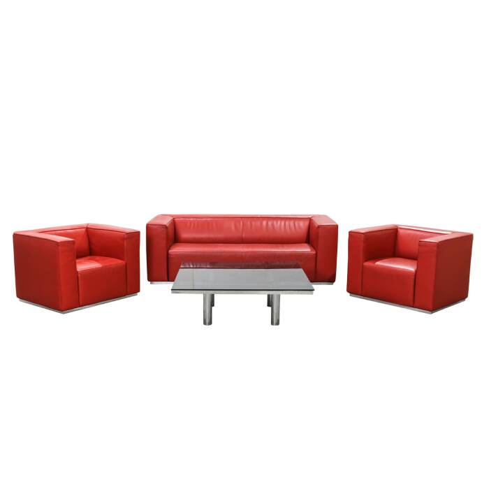 3-tlg. Loungeset Blox in Leder rot: 2-Sitzer Sofa und 2 Sessel