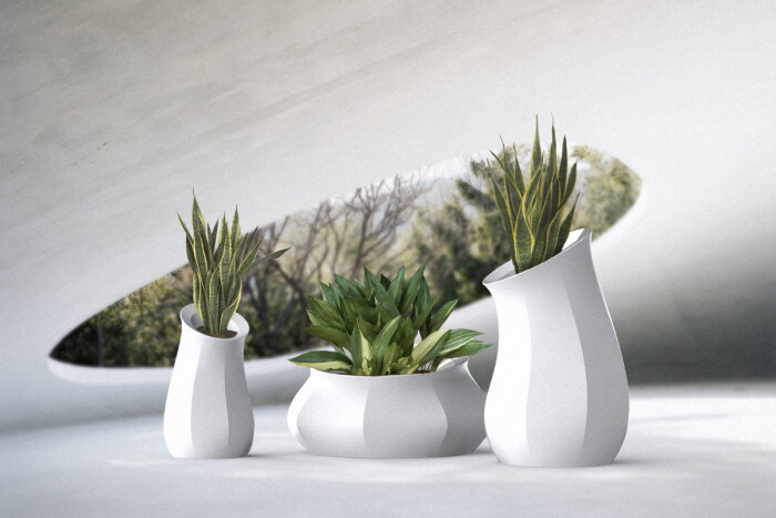 Beton-Blumenkübel "Triptik" in der Ausführung "Triptik 4" in weiß - Design: Sacha Lakic