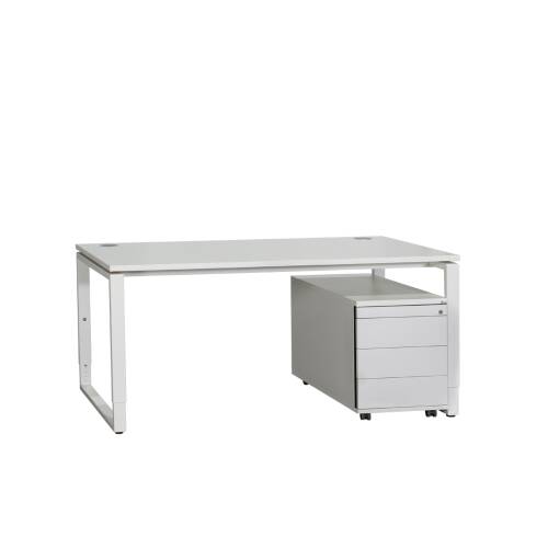 Schreibtisch / weiß / 160 x 80 cm / Kufengestell weiß / 2 Kabeldurchlässe