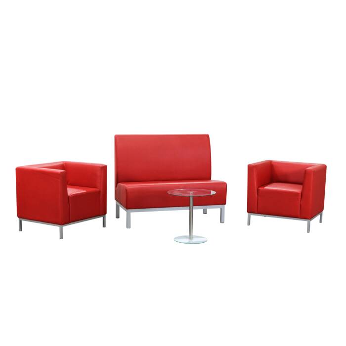 4-tlg. Loungeset / 2 x Sessel / Sitzbank / Kunstleder rot / Glastisch