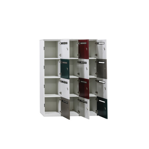 Fächerschrank / Steelcase / Flügeltüren / weiß, rot, grün, sand / 12 Fächer