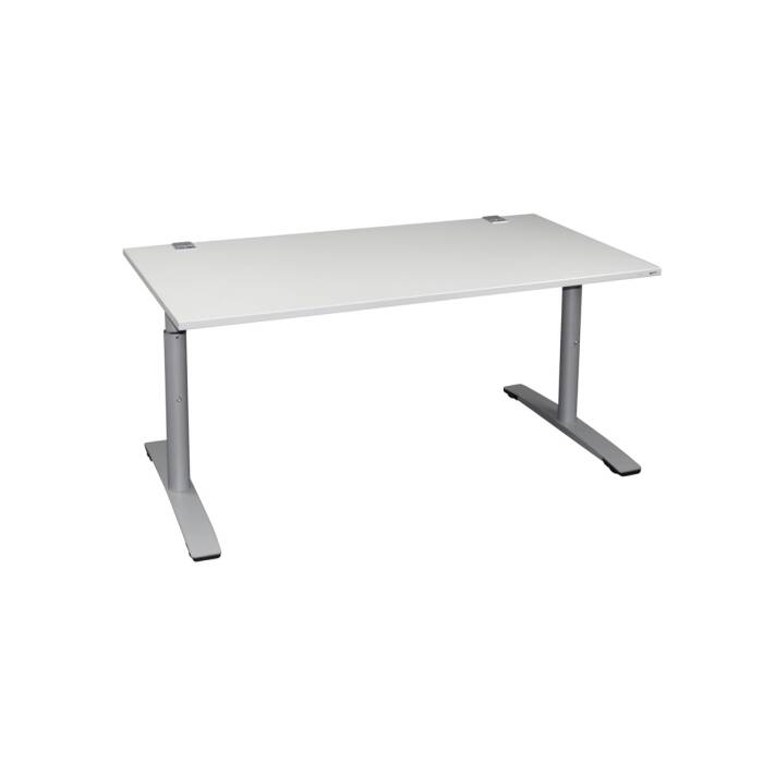 Schreibtisch / Oka DeskLine 10 Jump 2.0 / lichtgrau / 180 x 80 cm / eckiger Fuß / 2 Kabelauslässe