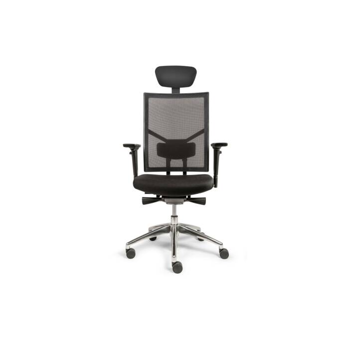 Bürodrehstuhl "NET-SIT XL Edition" mit Netzrücken, Kopfstütze in Leder und Fußkreuz Aluminium, poliert