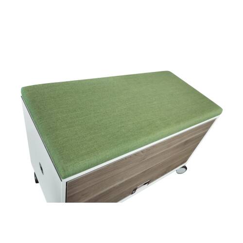 Mobiles Modulsystem / Steelcase "Flexbox" / weiß / Klappe nussbaum / Sitzkissen Stoff grün