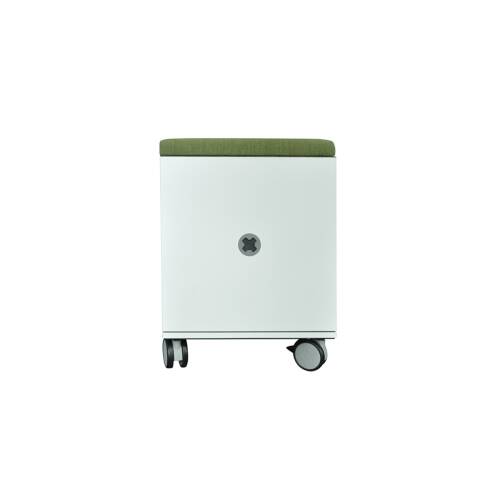 Mobiles Modulsystem / Steelcase "Flexbox" / weiß / Klappe nussbaum / Sitzkissen Stoff grün