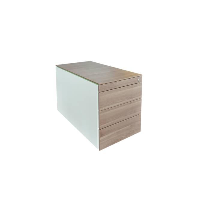 Rollcontainer / Steelcase / weiß / Abdeckplatte/Schubladen nussbaum / Zierleisten grün