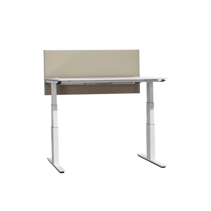 Steh-Sitz-Schreibtisch / Wini Winea Eco / weiß / 160 x 80 cm / T-Fuß weiß / Trennwand beige