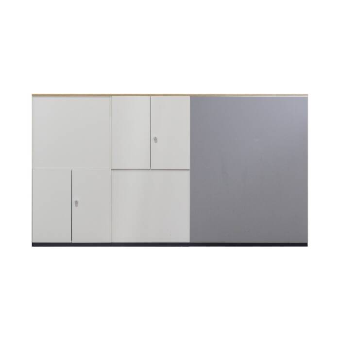 4-tlg. Schrankwand / Raumteiler / Steelcase Share It / weiß / Abdeckplatte akazie / 280 cm