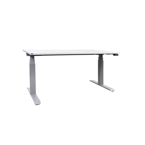 Steh-Sitz-Schreibtisch / Memory Display / elektrisch höhenverstellbar / weiß / 160 x 80 cm / Metall-Inlay weiß / Gestell Aluminium (RAL 9006)
