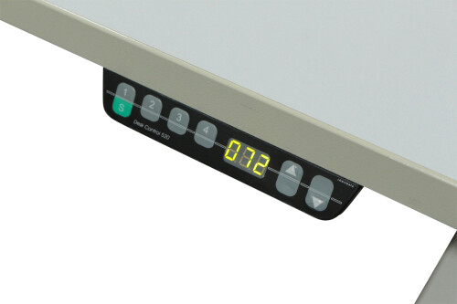 Steh-/Sitz-Schreibtisch / grau / Memory Display / Schiebeplatte / Plattenüberstand rechts / 160 x 80 cm