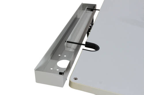 2-tlg. Arbeitsplatz / Steh-/Sitz-Schreibtisch / grau / Memory Display / Plattenüberstand rechts / Rollcontainer