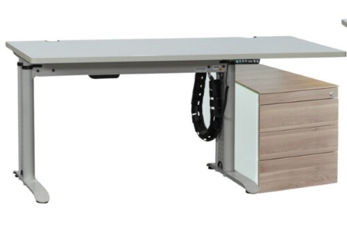 2-tlg. Arbeitsplatz / Steh-/Sitz-Schreibtisch / grau / Memory Display / Plattenüberstand rechts / Rollcontainer