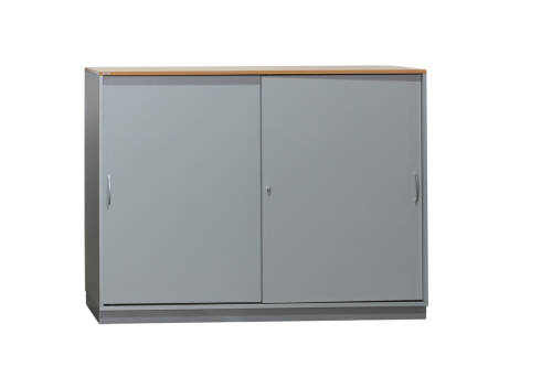 3-tlg. Arbeitsplatz / Assmann / buche/silbergrau / 1 x Steh-Sitz-Schreibtisch "Canvaro" 180 x 90 cm / 1 x Rollcontainer / 1 x Sideboard
